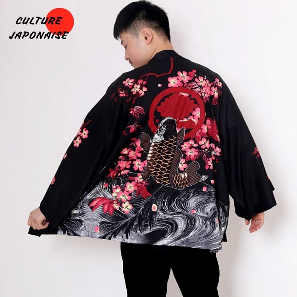 Veste japonaise homme décoré motif fleur de cerisier du Japon et carpe koï