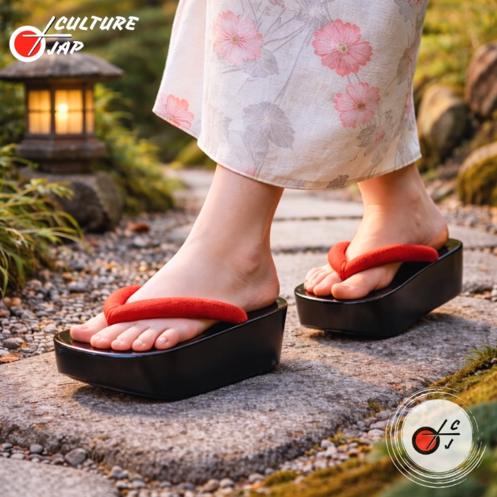 Porter des geta sur un chemin de pierre dans un jardin zen japonais.