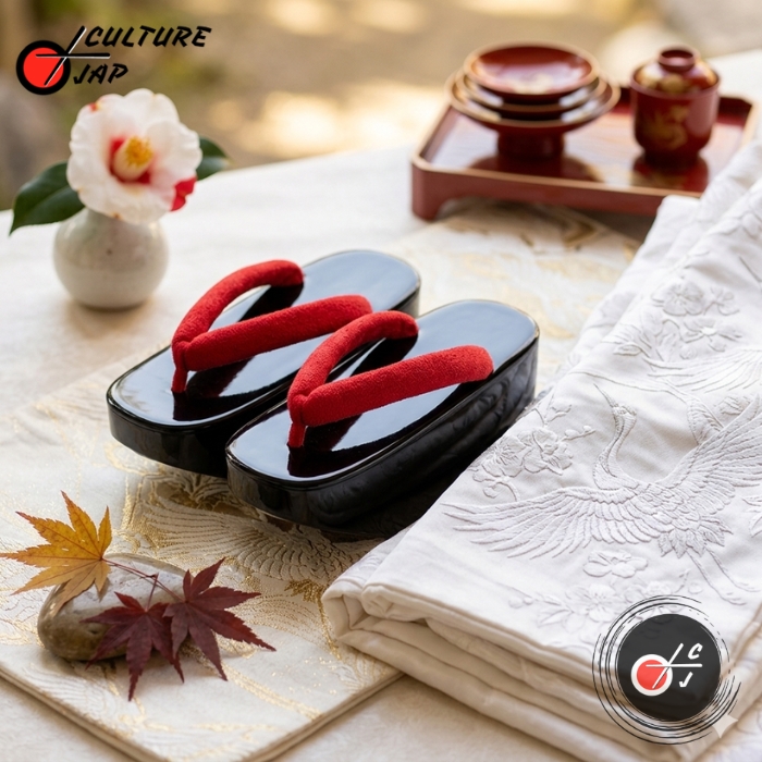 Okobo de mariage japonais accompagnées d'un kimono Shiro-muku et de feuilles d'érable.