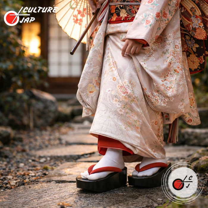 Sandales Okobo et tabi blanches portées par une femme en kimono traditionnel.