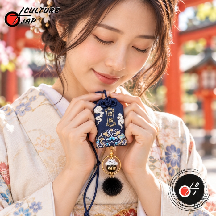 Omamori japonais bleu tenu dans les mains lors d’un moment de pensée positive avec Maneki Neko
