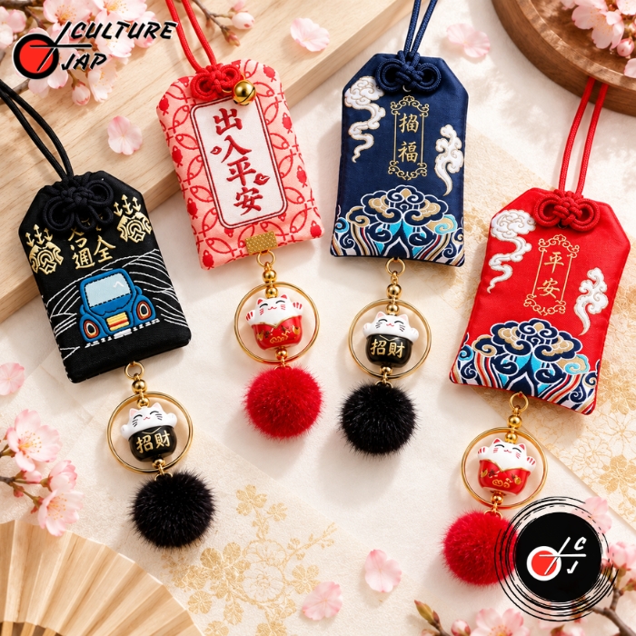 Omamori Maneki Neko collection de 4 variantes japonaises avec motifs sakura et pompons porte-bonheur